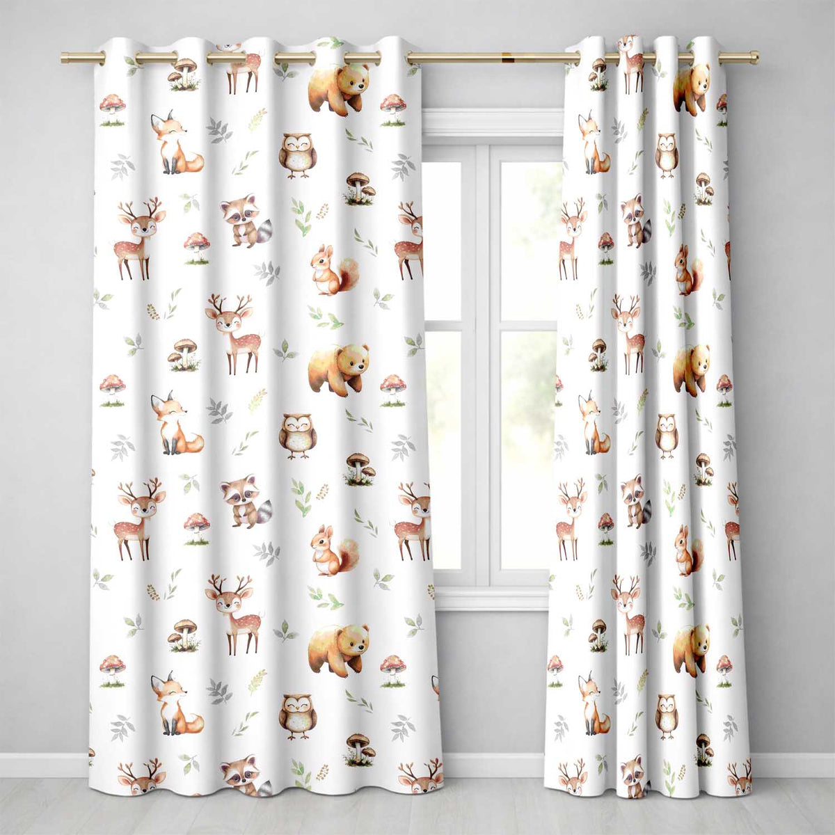 Cute Woodland Deer Bear Fox Owl Raccoon Leaves Mushrooms Seamless Pattern  Readymade Eyelet Ring Top Thermal 100% Blackout Curtains