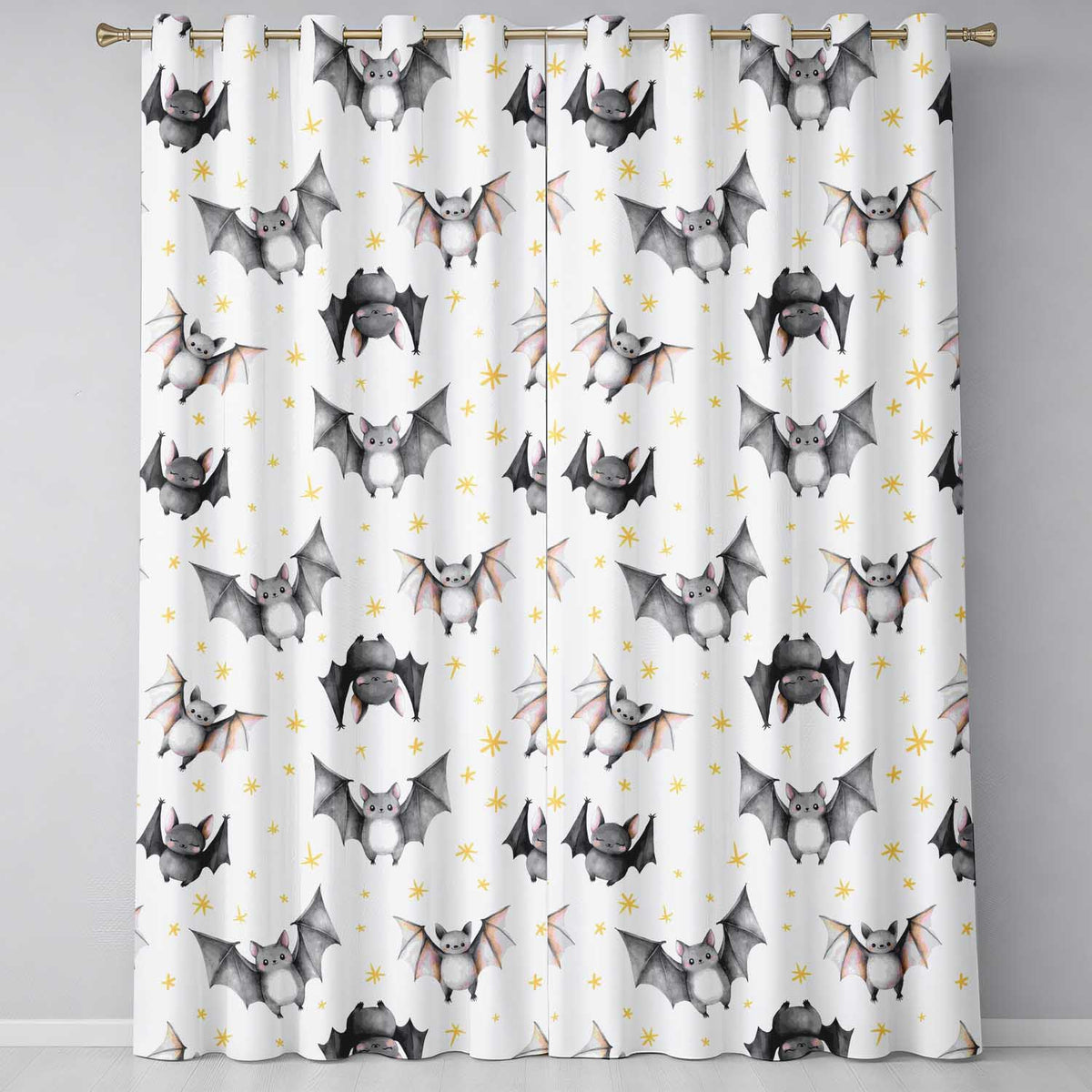 Cute Halloween Bats Flying Yellow Stars Night Sky Seamless Pattern  Readymade Eyelet Ring Top Thermal 100% Blackout Curtains