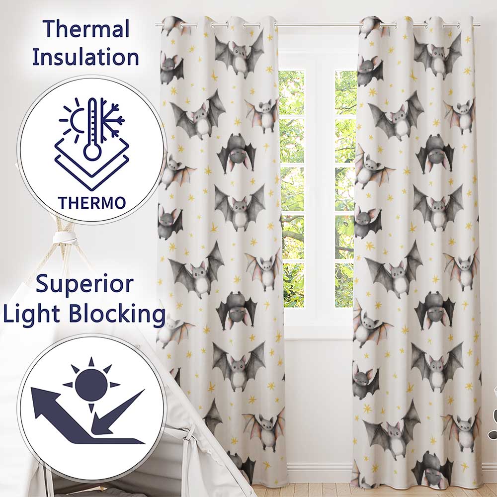 Cute Halloween Bats Flying Yellow Stars Night Sky Seamless Pattern  Readymade Eyelet Ring Top Thermal 100% Blackout Curtains