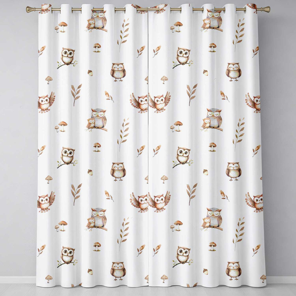 Cute Owls Sitting on Branch Woodland Leaves Mushrooms Seamless Pattern  Readymade Eyelet Ring Top Thermal 100% Blackout Curtains