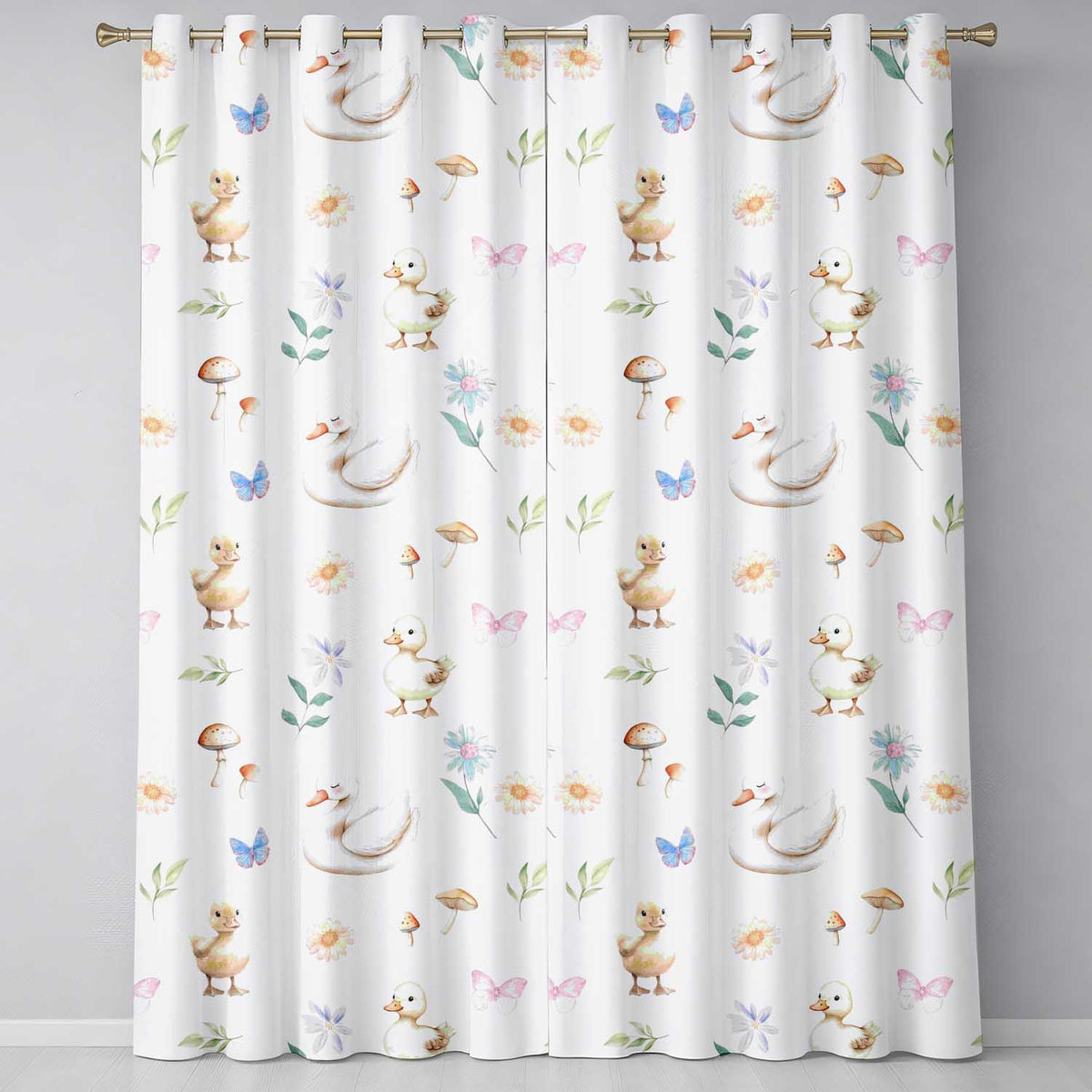 Swan Duckling Butterflies Flowers Mushrooms Soft Watercolor Seamless Pattern  Readymade Eyelet Ring Top Thermal 100% Blackout Curtains