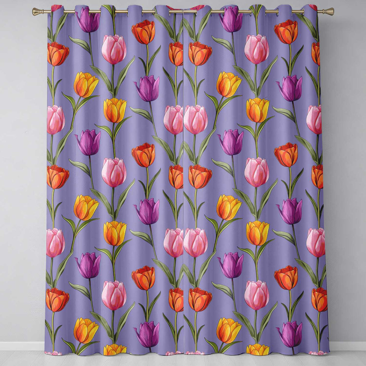 Colorful Tulip Flowers Purple Background Spring Floral Seamless Pattern  Readymade Eyelet Ring Top Thermal 100% Blackout Curtains