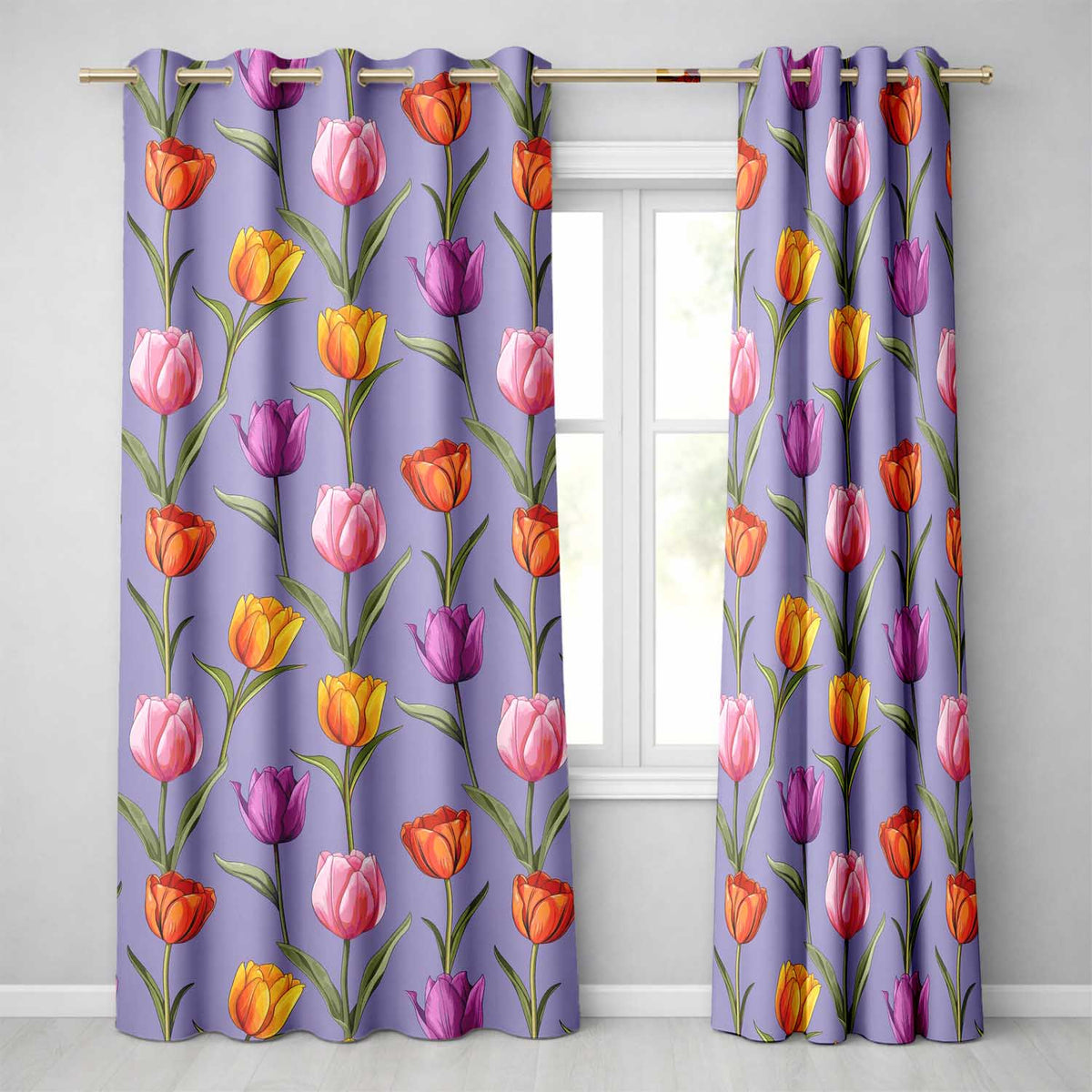 Colorful Tulip Flowers Purple Background Spring Floral Seamless Pattern  Readymade Eyelet Ring Top Thermal 100% Blackout Curtains