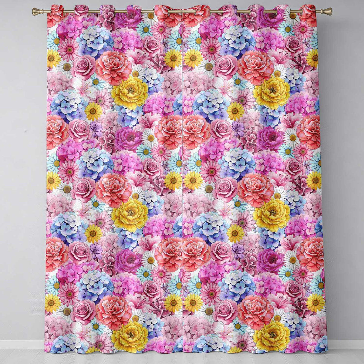 Elegant Pink Floral Roses Peony Hydrangea Seamless Pattern  Readymade Eyelet Ring Top Thermal 100% Blackout Curtains
