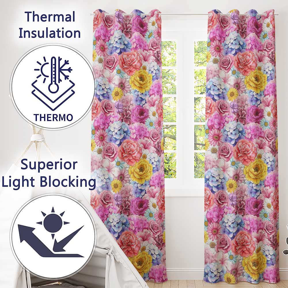 Elegant Pink Floral Roses Peony Hydrangea Seamless Pattern  Readymade Eyelet Ring Top Thermal 100% Blackout Curtains