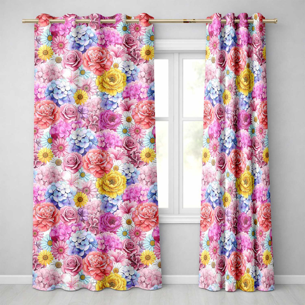 Elegant Pink Floral Roses Peony Hydrangea Seamless Pattern  Readymade Eyelet Ring Top Thermal 100% Blackout Curtains