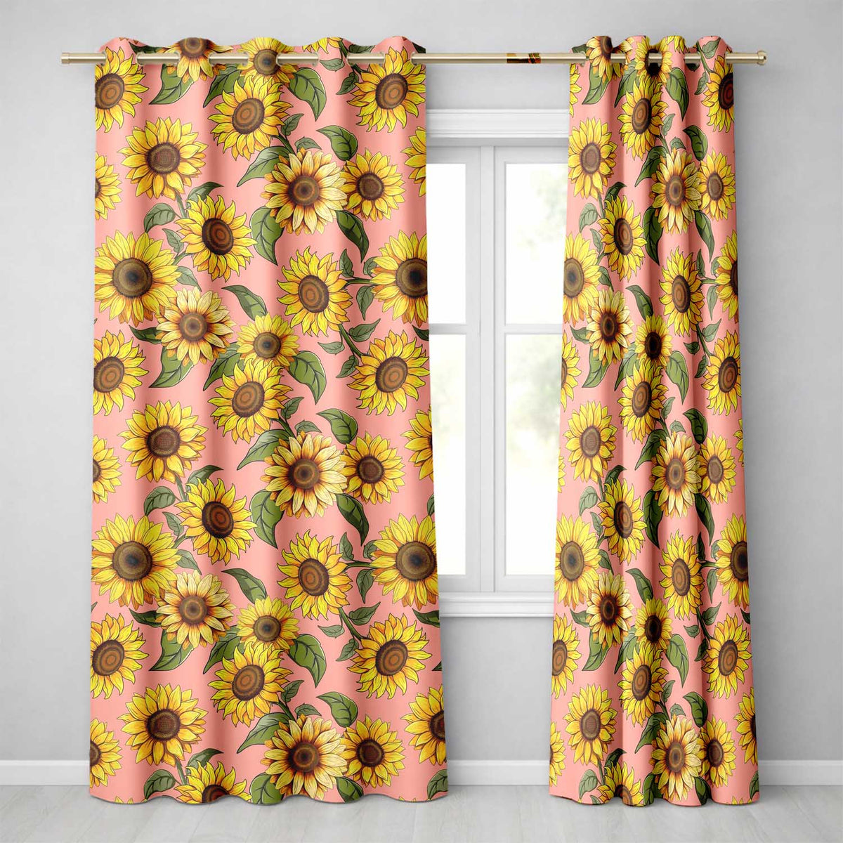 Bright Yellow Sunflower Pink Background Seamless Pattern  Readymade Eyelet Ring Top Thermal 100% Blackout Curtains