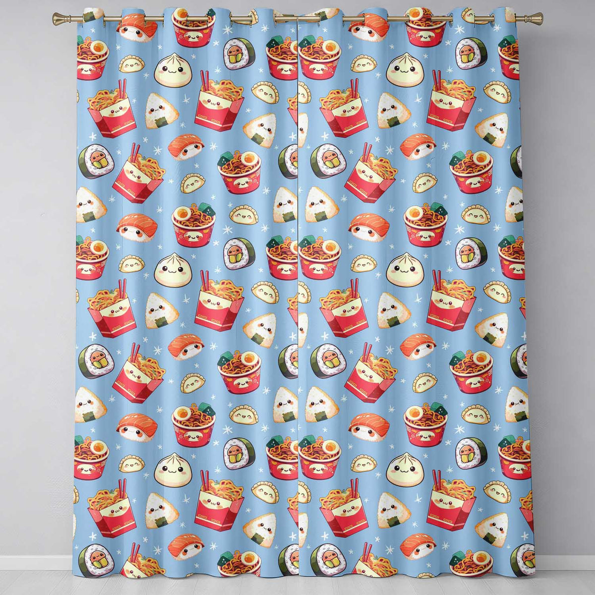 Cute Kawaii Sushi Ramen Dumpling Food Blue Background Seamless Pattern  Readymade Eyelet Ring Top Thermal 100% Blackout Curtains