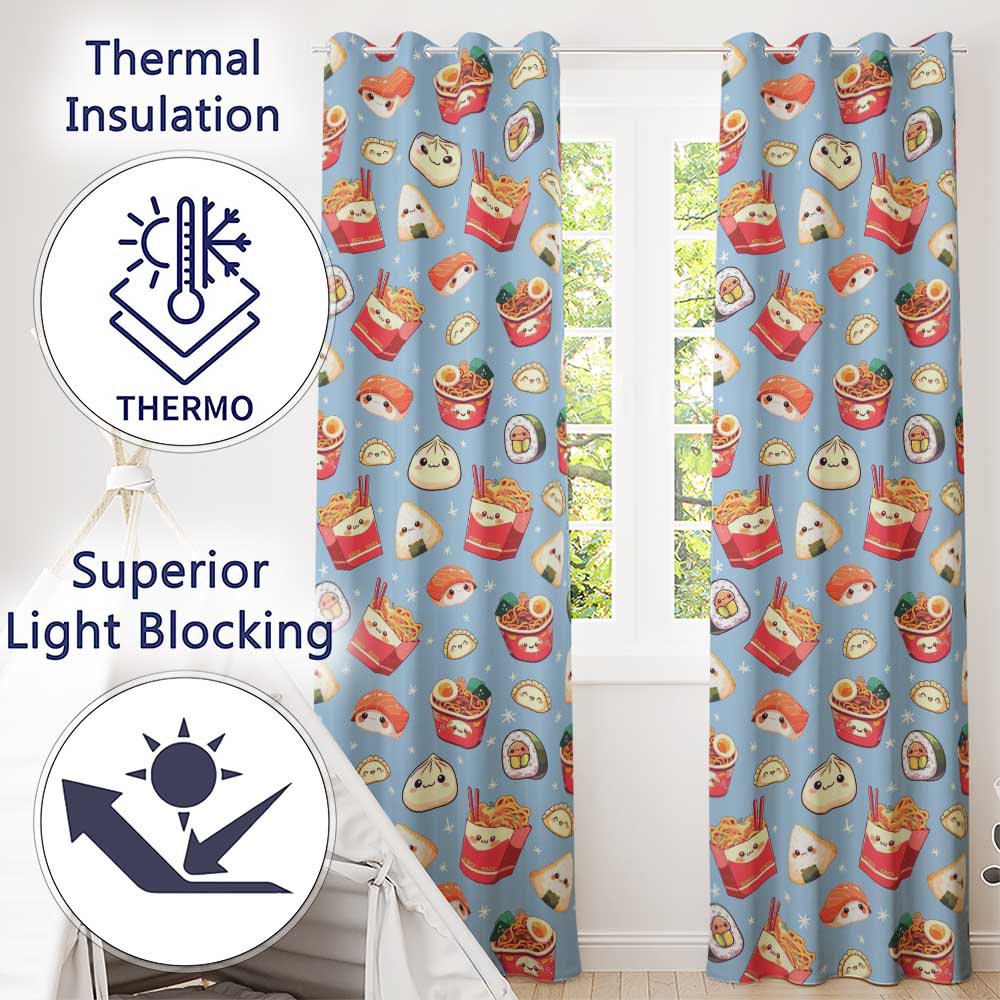 Cute Kawaii Sushi Ramen Dumpling Food Blue Background Seamless Pattern  Readymade Eyelet Ring Top Thermal 100% Blackout Curtains