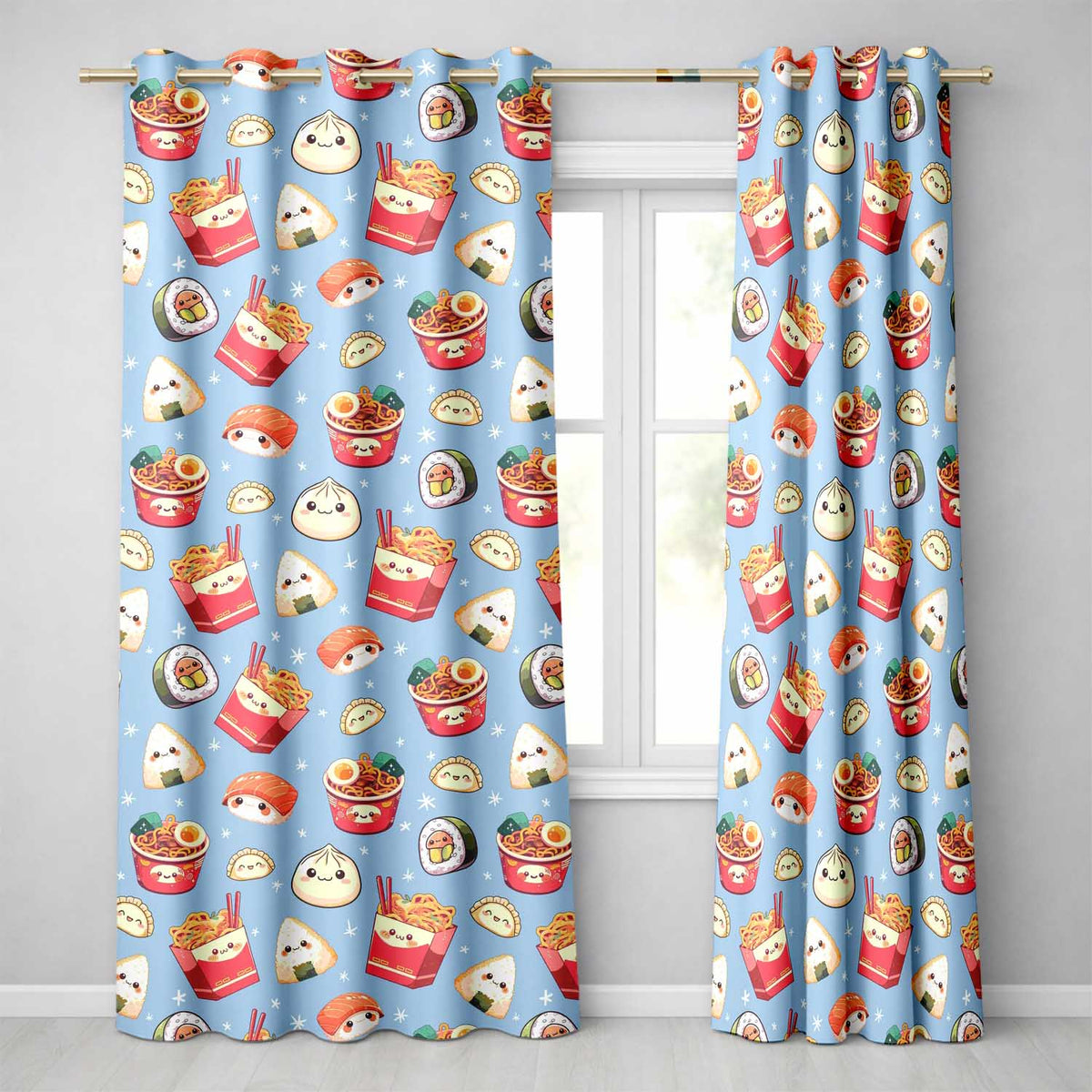 Cute Kawaii Sushi Ramen Dumpling Food Blue Background Seamless Pattern  Readymade Eyelet Ring Top Thermal 100% Blackout Curtains