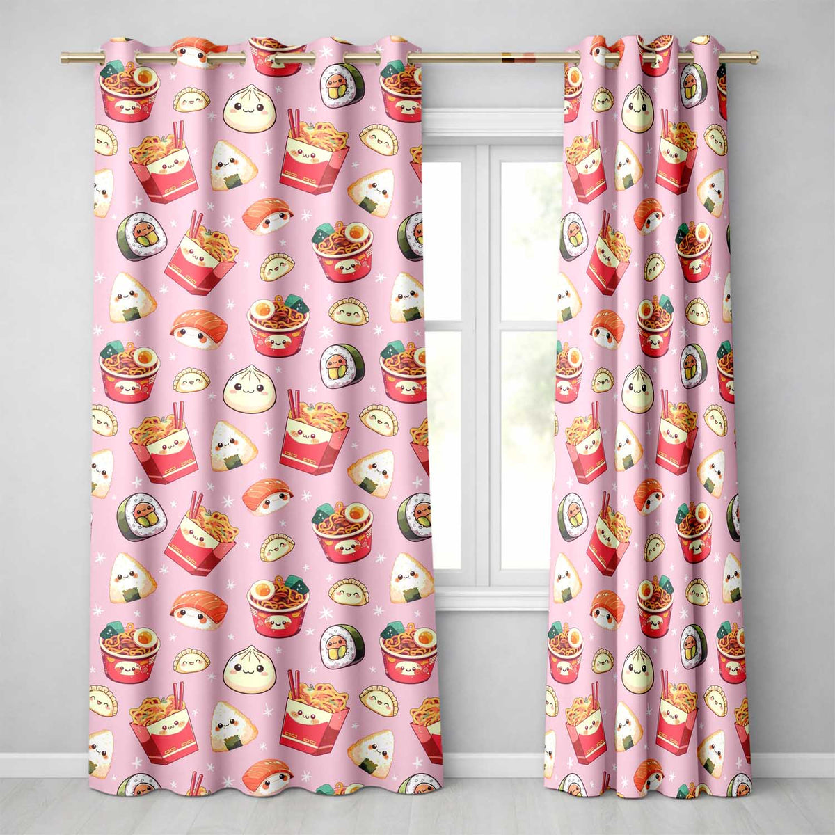 Cute Kawaii Sushi Ramen Dumpling Food Blush Pink Background Seamless Pattern  Readymade Eyelet Ring Top Thermal 100% Blackout Curtains