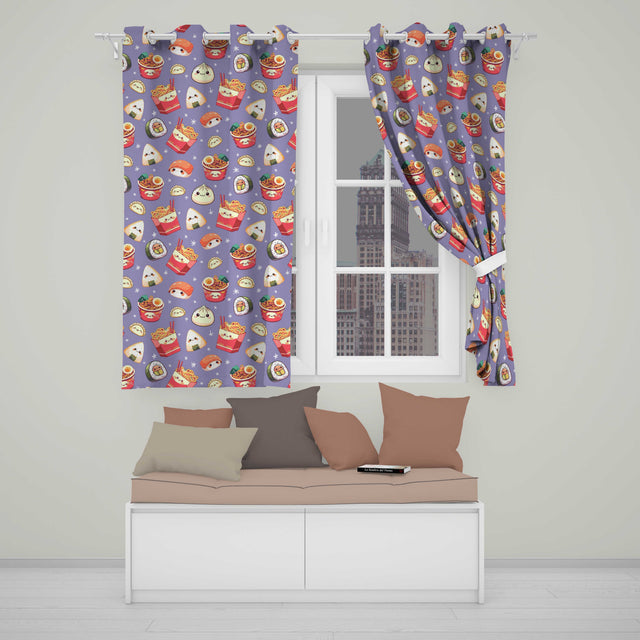 Cute Kawaii Sushi Ramen Dumpling Food Purple Background Seamless Pattern  Readymade Eyelet Ring Top Thermal 100% Blackout Curtains