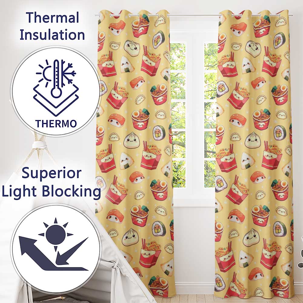 Cute Kawaii Sushi Ramen Dumpling Food Yellow Background Seamless Pattern  Readymade Eyelet Ring Top Thermal 100% Blackout Curtains