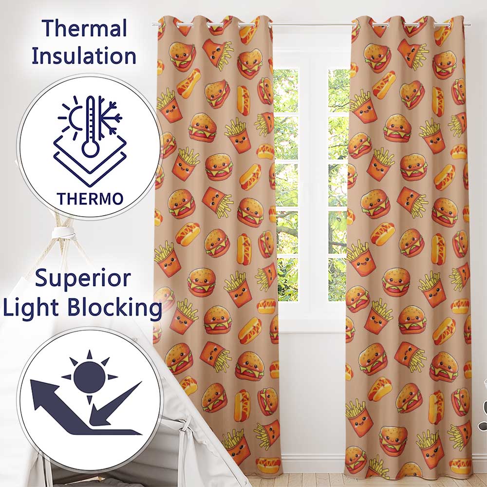 Cute Kawaii Burger Fries Hotdog Fast Food Beige Background Seamless Pattern  Readymade Eyelet Ring Top Thermal 100% Blackout Curtains