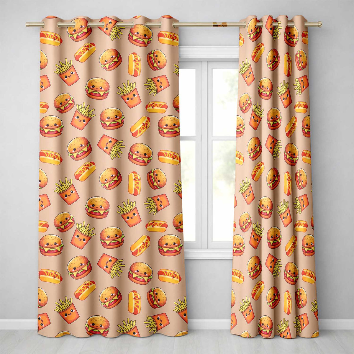 Cute Kawaii Burger Fries Hotdog Fast Food Beige Background Seamless Pattern  Readymade Eyelet Ring Top Thermal 100% Blackout Curtains