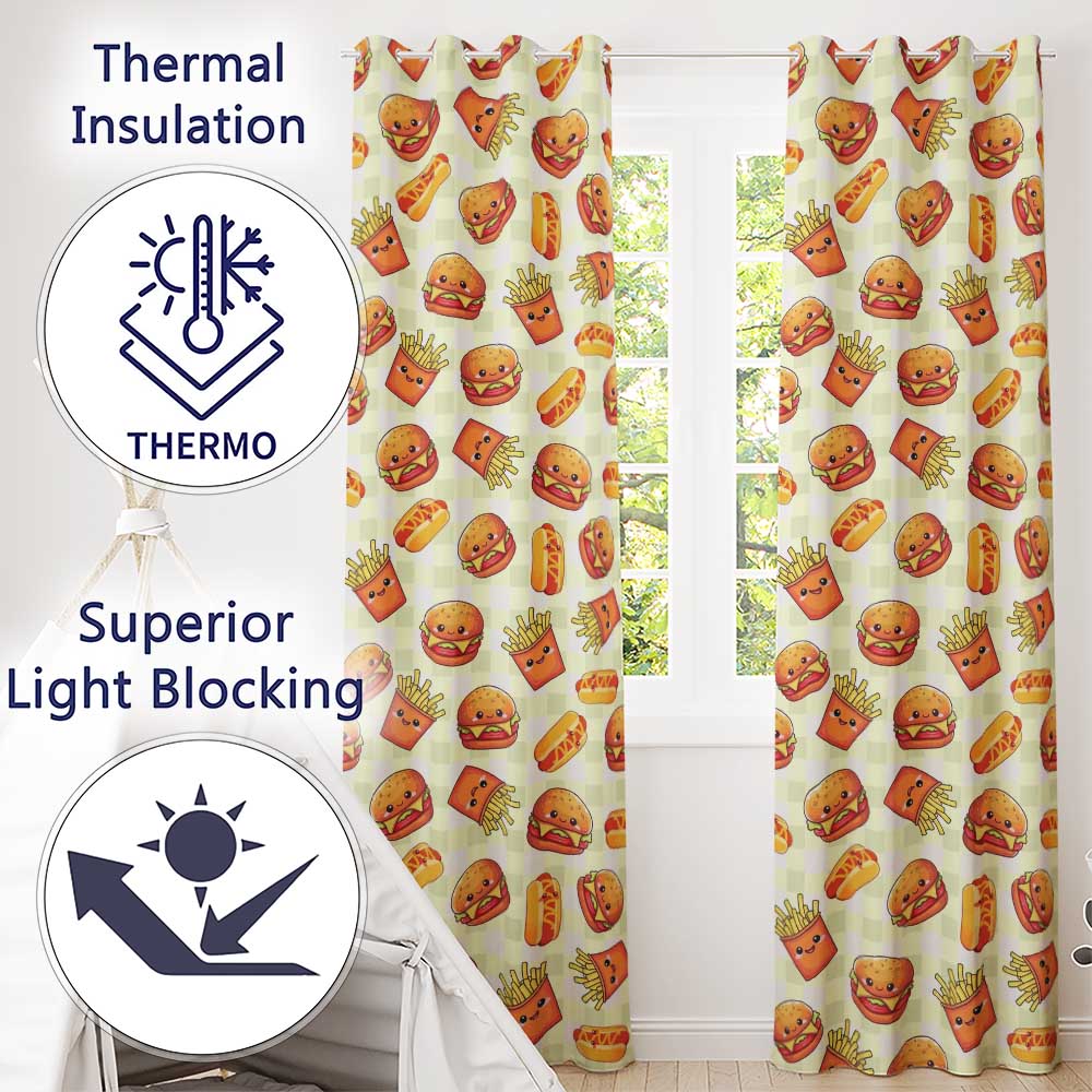 Cute Kawaii Burger Fries Hotdog Fast Food Gingham Background Seamless Pattern  Readymade Eyelet Ring Top Thermal 100% Blackout Curtains