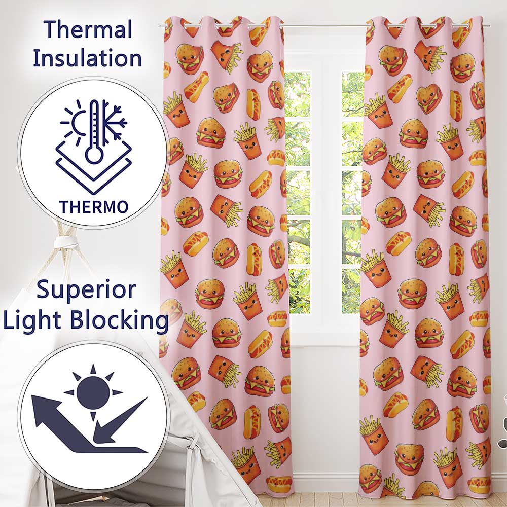 Cute Kawaii Burger Fries Hotdog Fast Food Soft Pink Background Seamless Pattern  Readymade Eyelet Ring Top Thermal 100% Blackout Curtains
