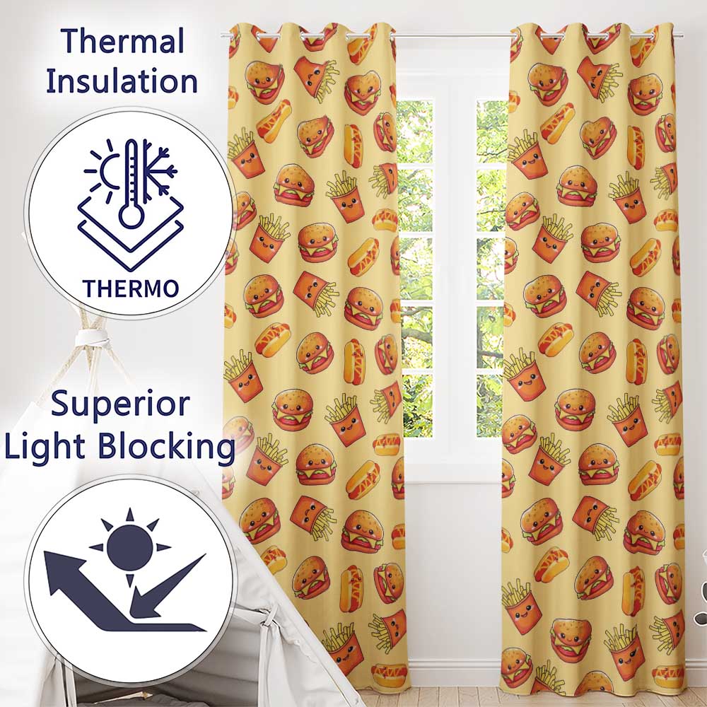 Cute Kawaii Burger Fries Hotdog Fast Food Yellow Background Seamless Pattern  Readymade Eyelet Ring Top Thermal 100% Blackout Curtains