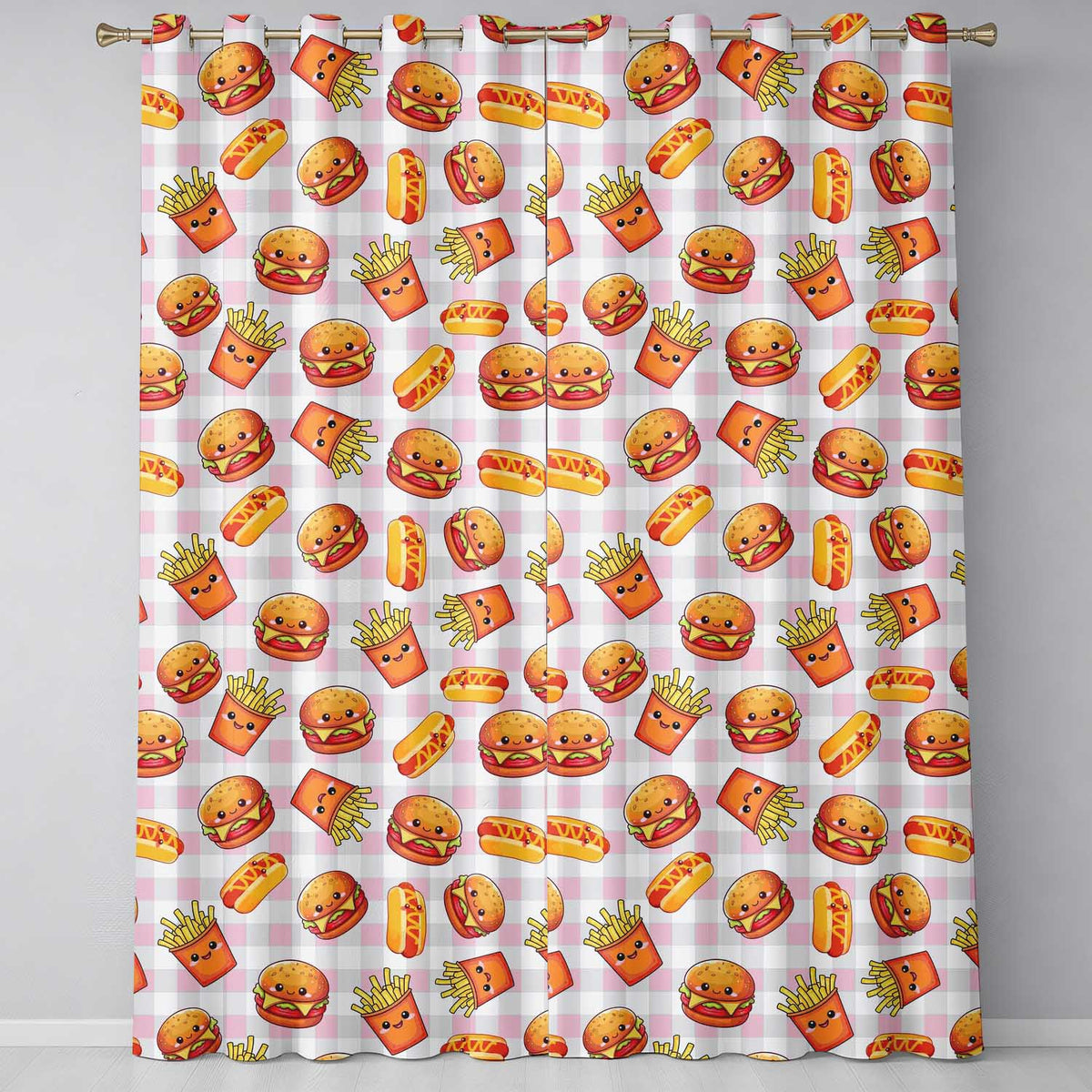 Kawaii Burger Fries Hotdog Fast Food Beige Gingham  Seamless Pattern  Readymade Eyelet Ring Top Thermal 100% Blackout Curtains