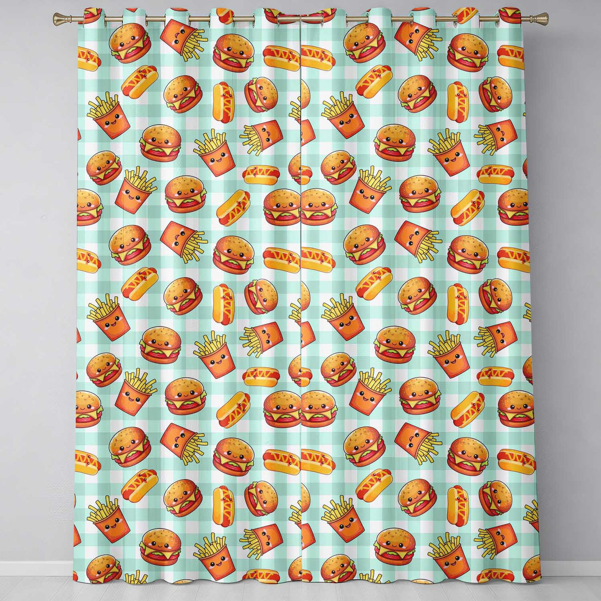 Kawaii Burger Fries Hotdog Fast Food Mint Gingham  Seamless Pattern  Readymade Eyelet Ring Top Thermal 100% Blackout Curtains