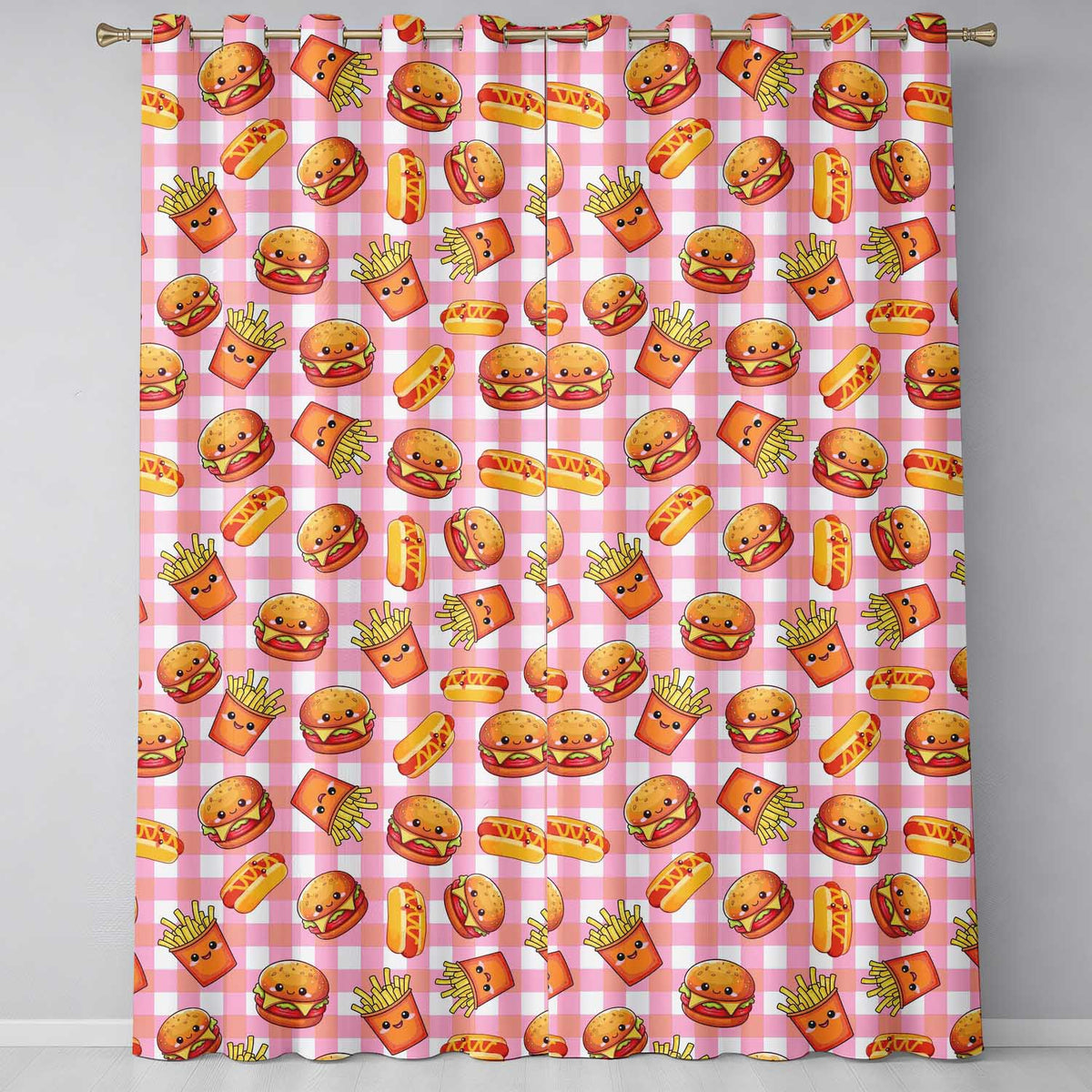 Kawaii Burger Fries Hotdog Fast Food Red Gingham  Seamless Pattern  Readymade Eyelet Ring Top Thermal 100% Blackout Curtains