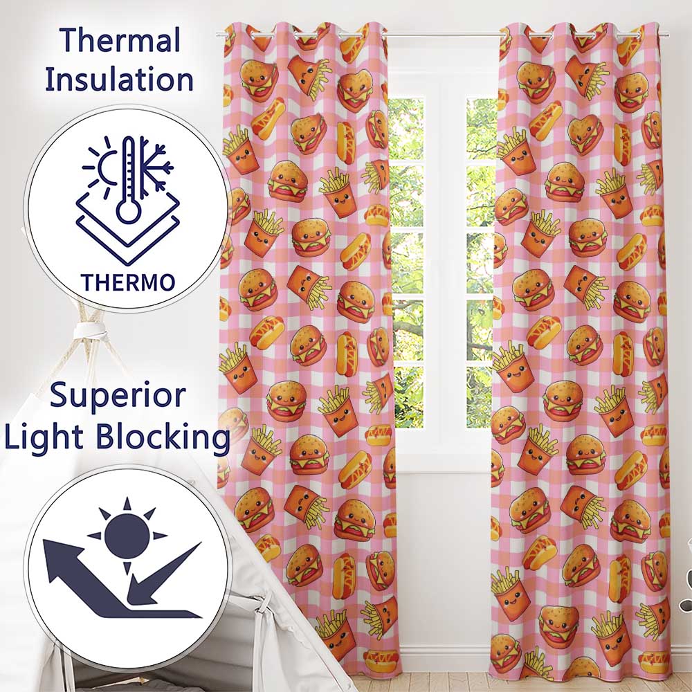Kawaii Burger Fries Hotdog Fast Food Red Gingham  Seamless Pattern  Readymade Eyelet Ring Top Thermal 100% Blackout Curtains