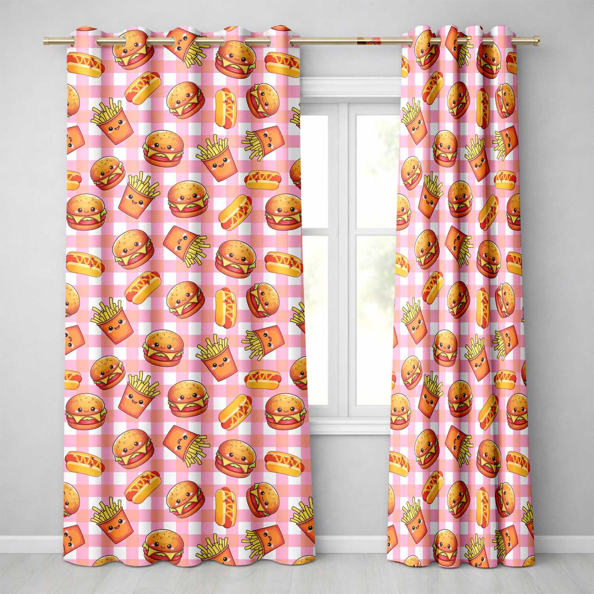Kawaii Burger Fries Hotdog Fast Food Red Gingham  Seamless Pattern  Readymade Eyelet Ring Top Thermal 100% Blackout Curtains