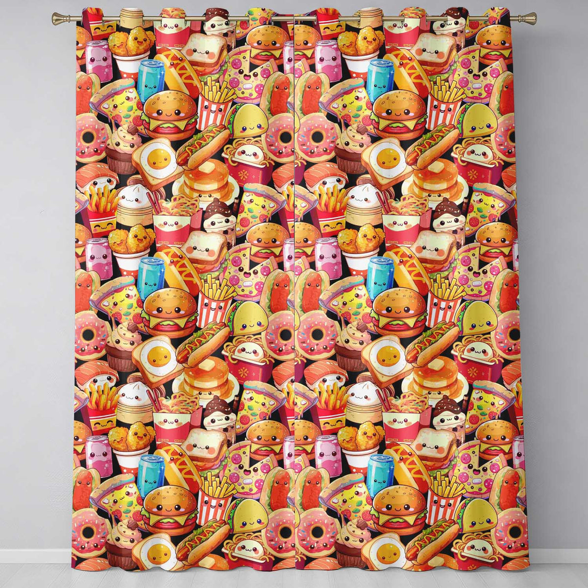 Cute Kawaii Fast Food Collage Burger Pizza Fries Drinks Seamless Pattern  Readymade Eyelet Ring Top Thermal 100% Blackout Curtains