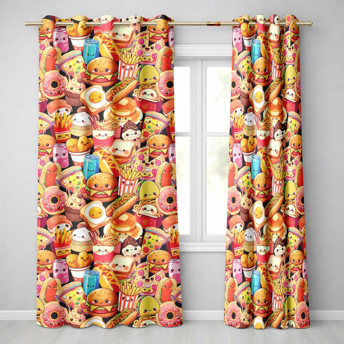 Cute Kawaii Fast Food Collage Burger Pizza Fries Drinks Seamless Pattern  Readymade Eyelet Ring Top Thermal 100% Blackout Curtains
