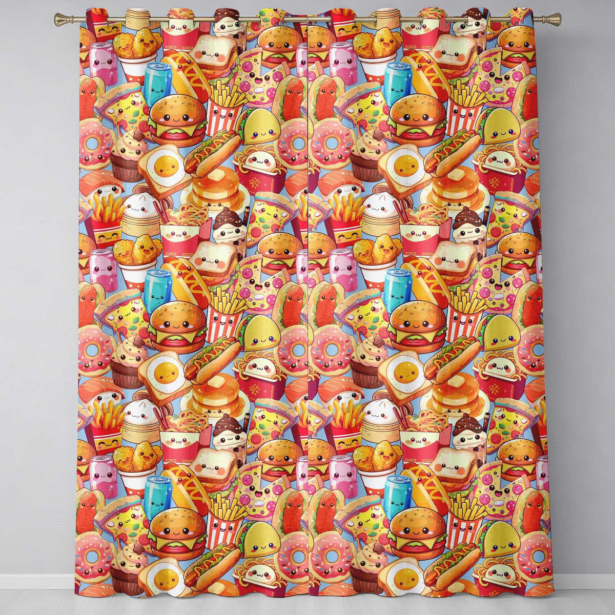 Kawaii Fast Food Collage Burger Pizza Fries Drinks Blue  Seamless Pattern  Readymade Eyelet Ring Top Thermal 100% Blackout Curtains