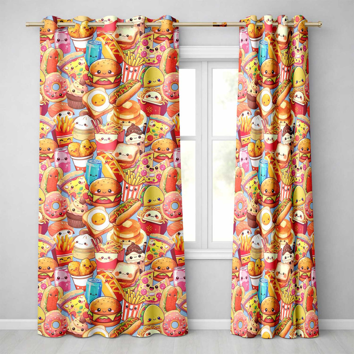 Kawaii Fast Food Collage Burger Pizza Fries Drinks Blue  Seamless Pattern  Readymade Eyelet Ring Top Thermal 100% Blackout Curtains