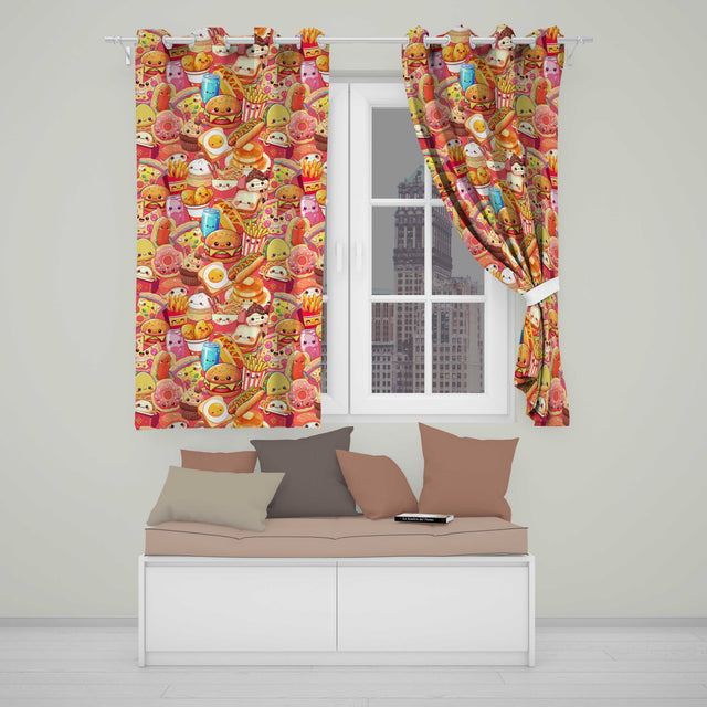 Kawaii Fast Food Collage Burger Pizza Fries Drinks Red  Seamless Pattern  Readymade Eyelet Ring Top Thermal 100% Blackout Curtains