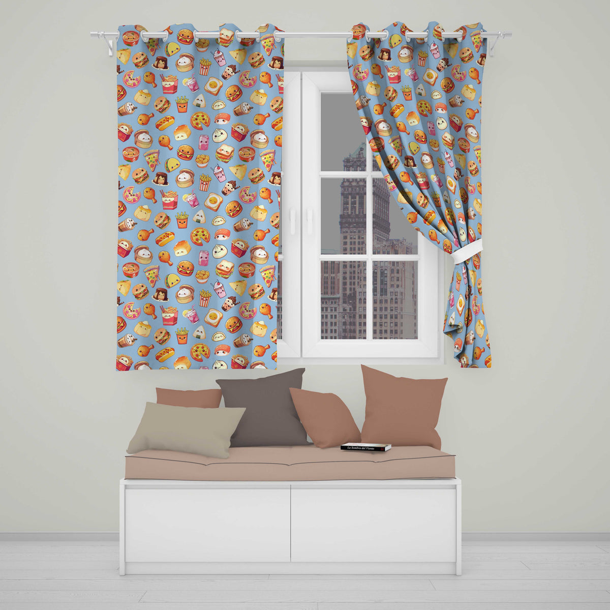 Kawaii Fast Food  Burger Sushi Taco Pizza Blue  Seamless Pattern  Readymade Eyelet Ring Top Thermal 100% Blackout Curtains