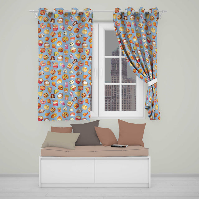 Kawaii Fast Food  Burger Sushi Taco Pizza Blue  Seamless Pattern  Readymade Eyelet Ring Top Thermal 100% Blackout Curtains