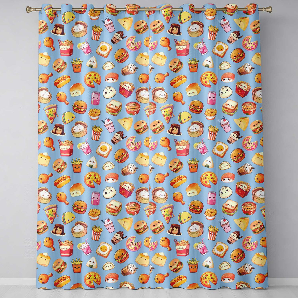 Kawaii Fast Food  Burger Sushi Taco Pizza Blue  Seamless Pattern  Readymade Eyelet Ring Top Thermal 100% Blackout Curtains