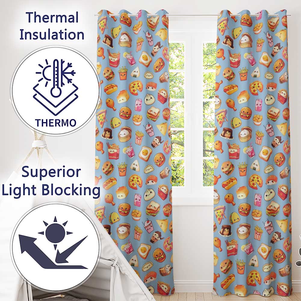 Kawaii Fast Food  Burger Sushi Taco Pizza Blue  Seamless Pattern  Readymade Eyelet Ring Top Thermal 100% Blackout Curtains