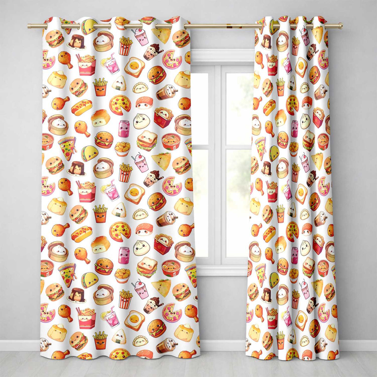 Kawaii Fast Food  Burger Sushi Taco Pizza Cream  Seamless Pattern  Readymade Eyelet Ring Top Thermal 100% Blackout Curtains