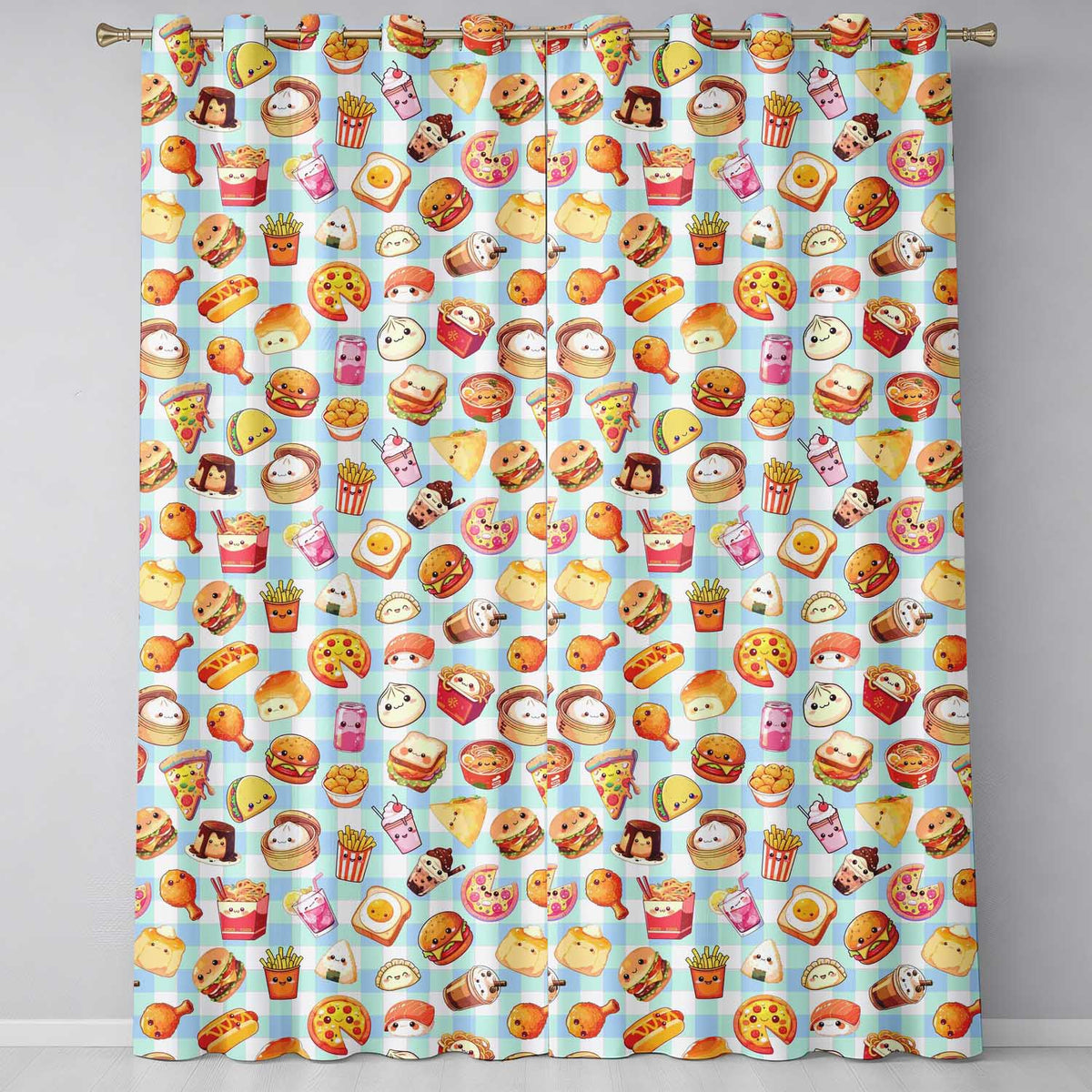 Kawaii Fast Food  Burger Sushi Taco Pizza Blue Gingham  Seamless Pattern  Readymade Eyelet Ring Top Thermal 100% Blackout Curtains