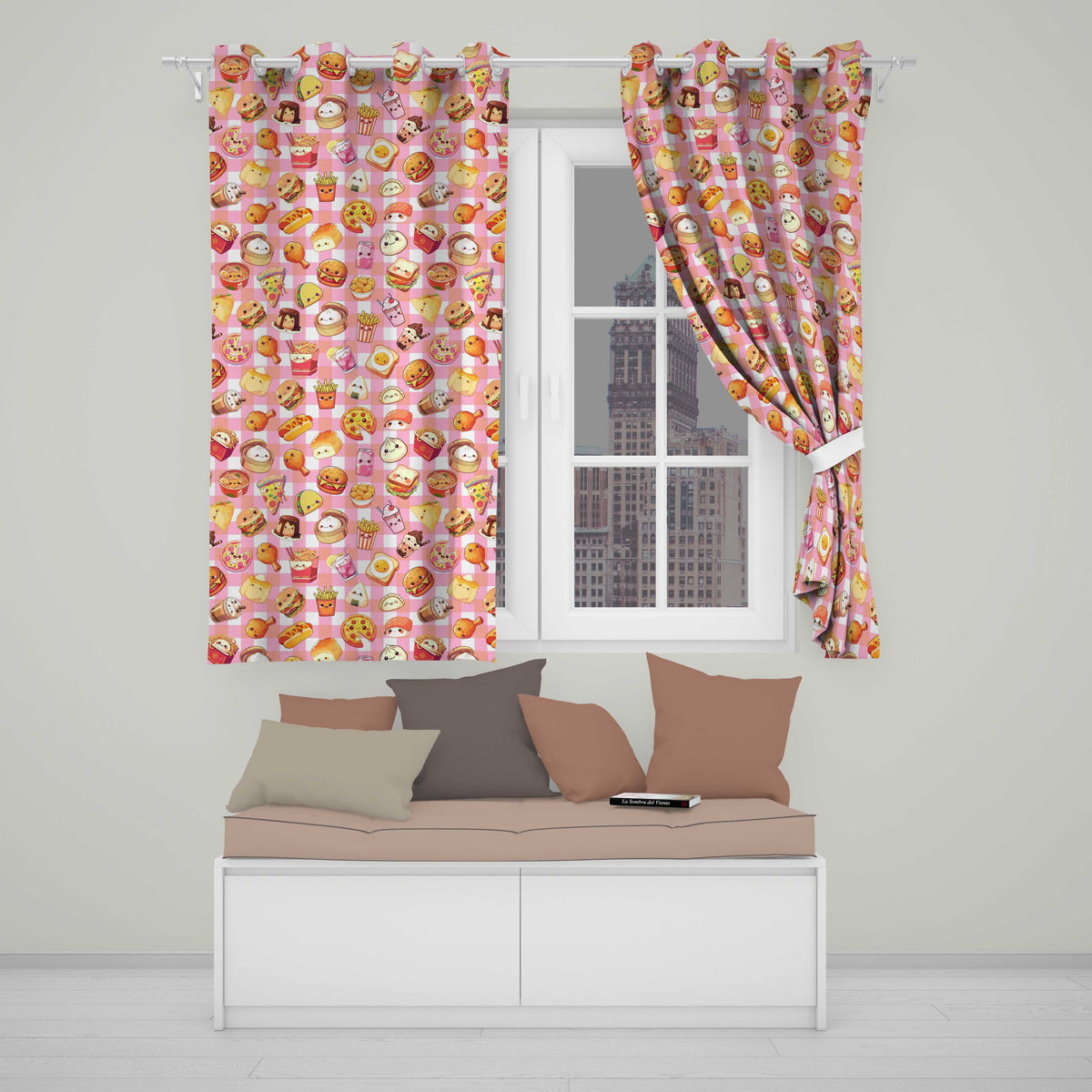 Kawaii Fast Food  Burger Sushi Taco Pizza Red Gingham  Seamless Pattern  Readymade Eyelet Ring Top Thermal 100% Blackout Curtains