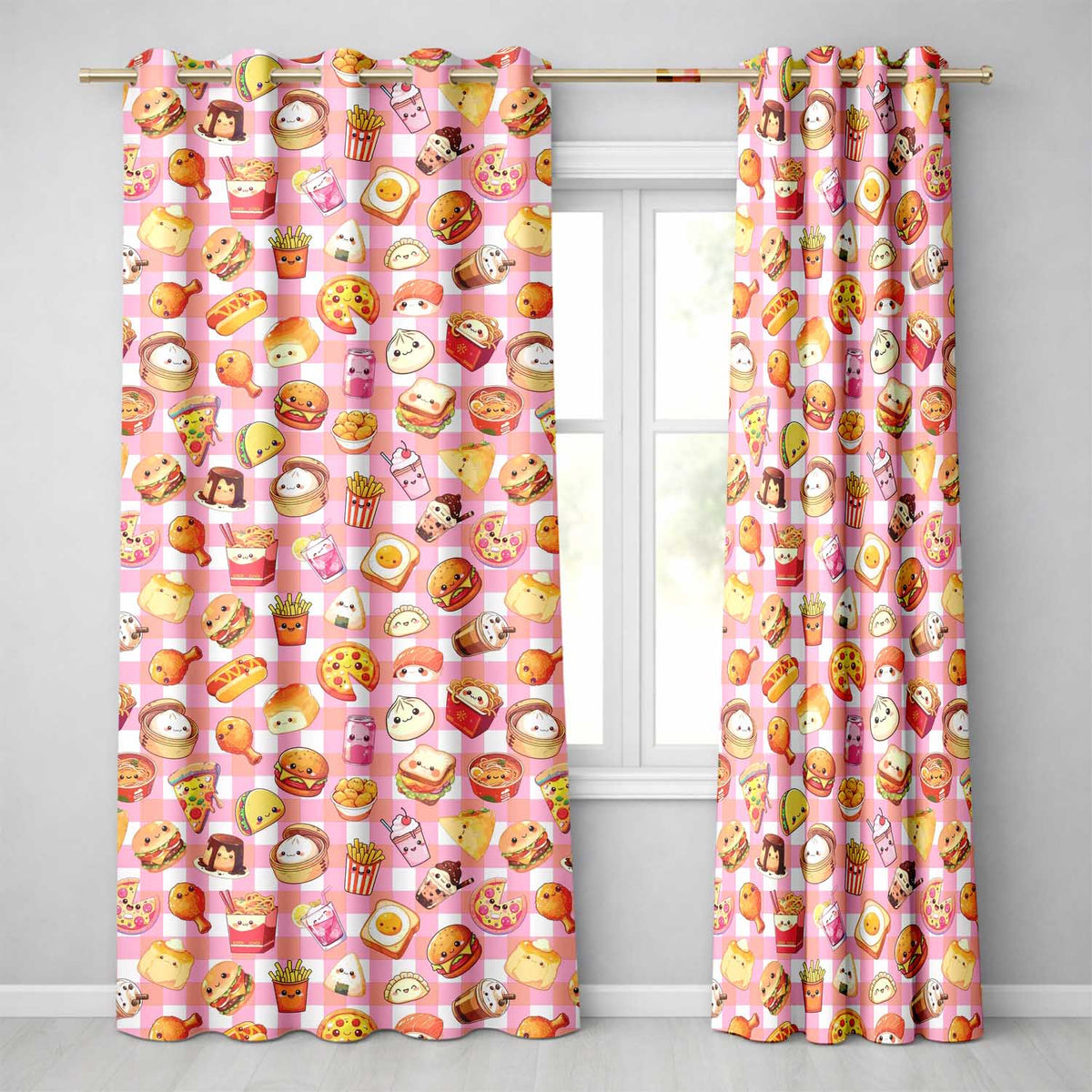 Kawaii Fast Food  Burger Sushi Taco Pizza Red Gingham  Seamless Pattern  Readymade Eyelet Ring Top Thermal 100% Blackout Curtains