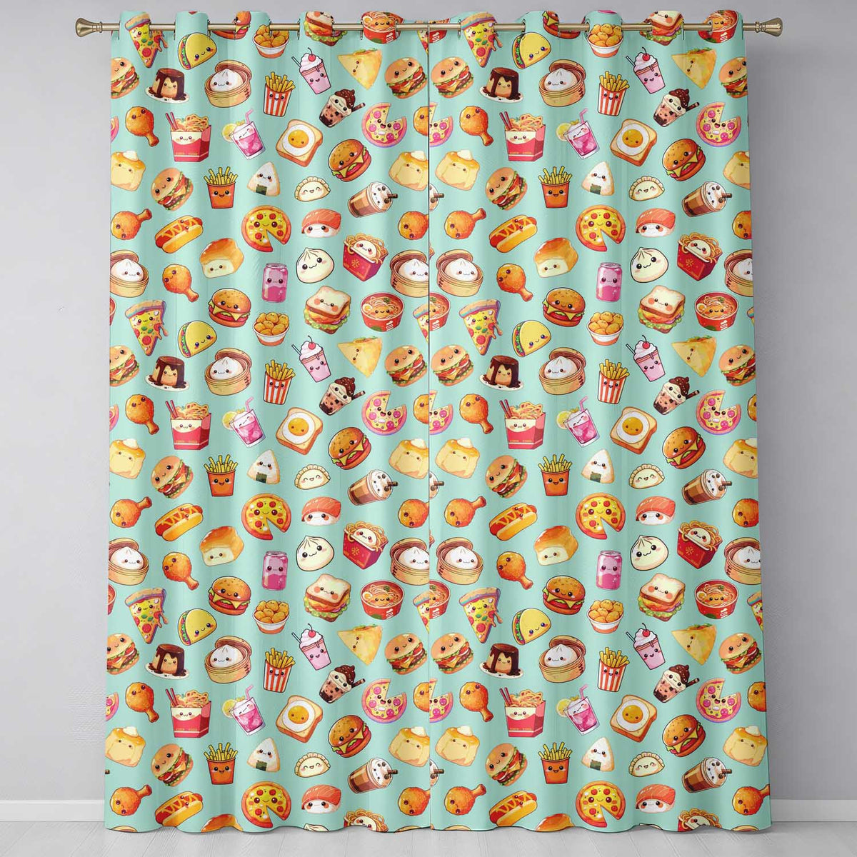 Kawaii Fast Food  Burger Sushi Taco Pizza Teal  Seamless Pattern  Readymade Eyelet Ring Top Thermal 100% Blackout Curtains