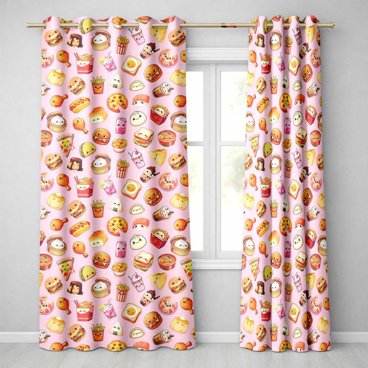 Kawaii Fast Food  Burger Sushi Taco Pizza Soft Pink  Seamless Pattern  Readymade Eyelet Ring Top Thermal 100% Blackout Curtains