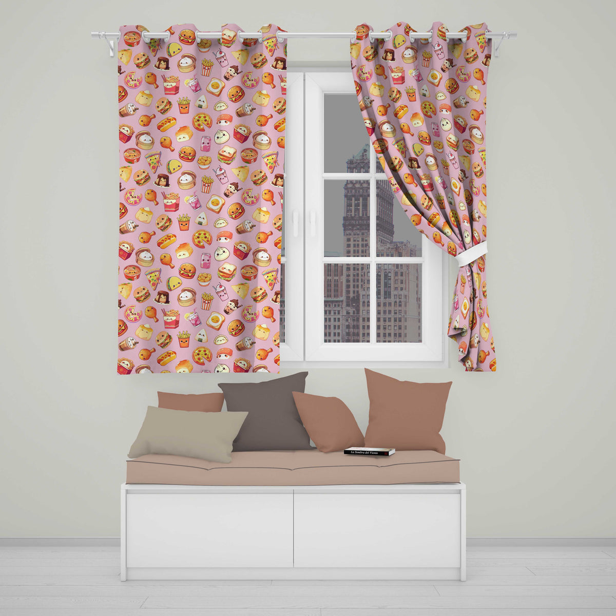 Kawaii Fast Food  Burger Sushi Taco Pizza Blush Pink  Seamless Pattern  Readymade Eyelet Ring Top Thermal 100% Blackout Curtains
