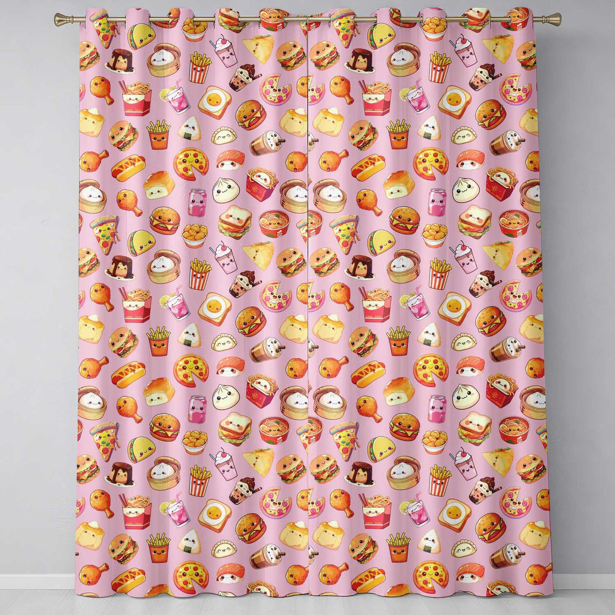 Kawaii Fast Food  Burger Sushi Taco Pizza Blush Pink  Seamless Pattern  Readymade Eyelet Ring Top Thermal 100% Blackout Curtains