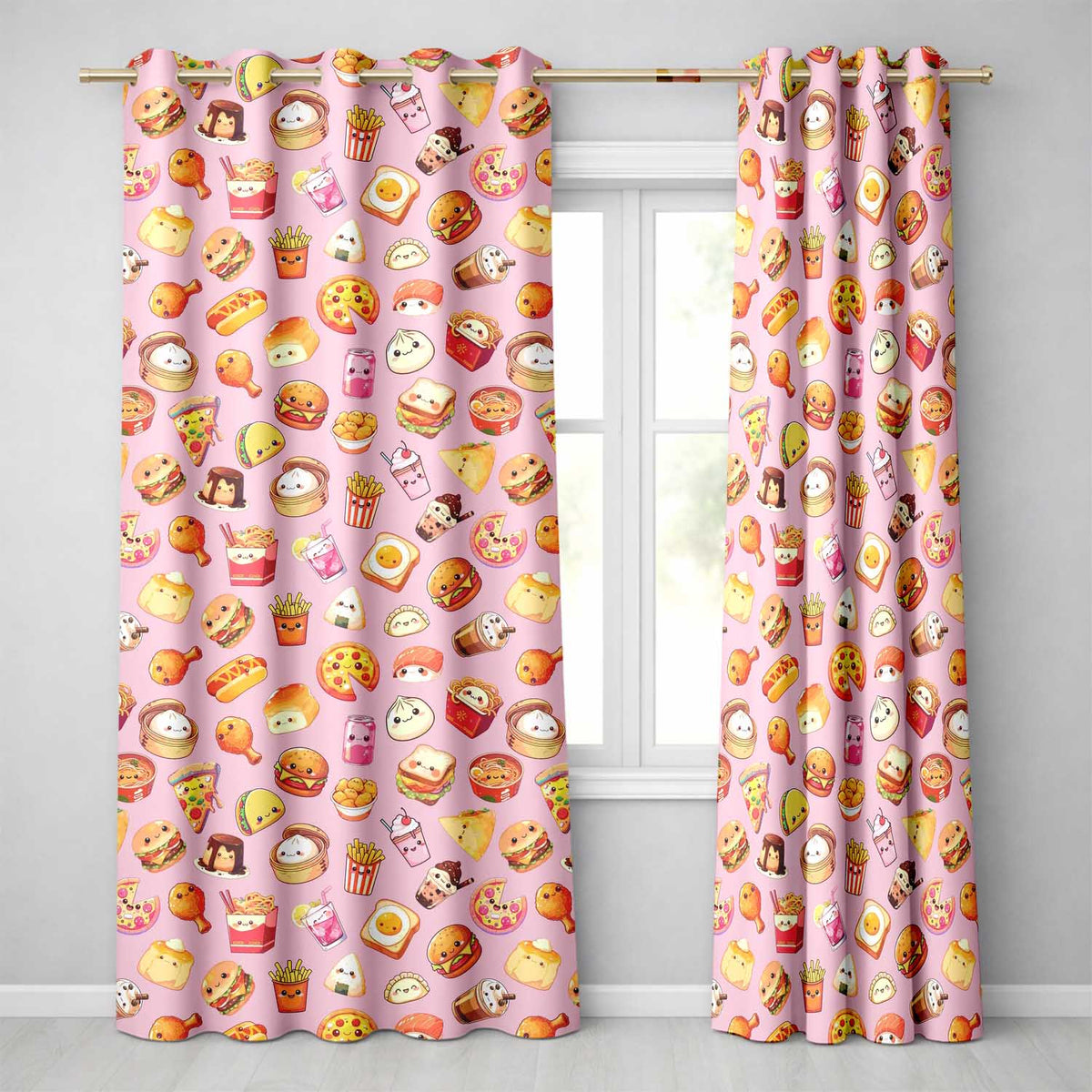 Kawaii Fast Food  Burger Sushi Taco Pizza Blush Pink  Seamless Pattern  Readymade Eyelet Ring Top Thermal 100% Blackout Curtains