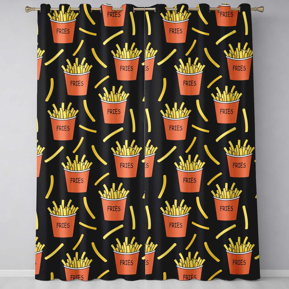 Cute French Fries Cartoon Snack Food Black Background Seamless Pattern  Readymade Eyelet Ring Top Thermal 100% Blackout Curtains
