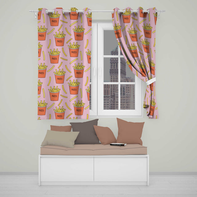 Cute French Fries Cartoon Snack Food Soft Pink Background Seamless Pattern  Readymade Eyelet Ring Top Thermal 100% Blackout Curtains