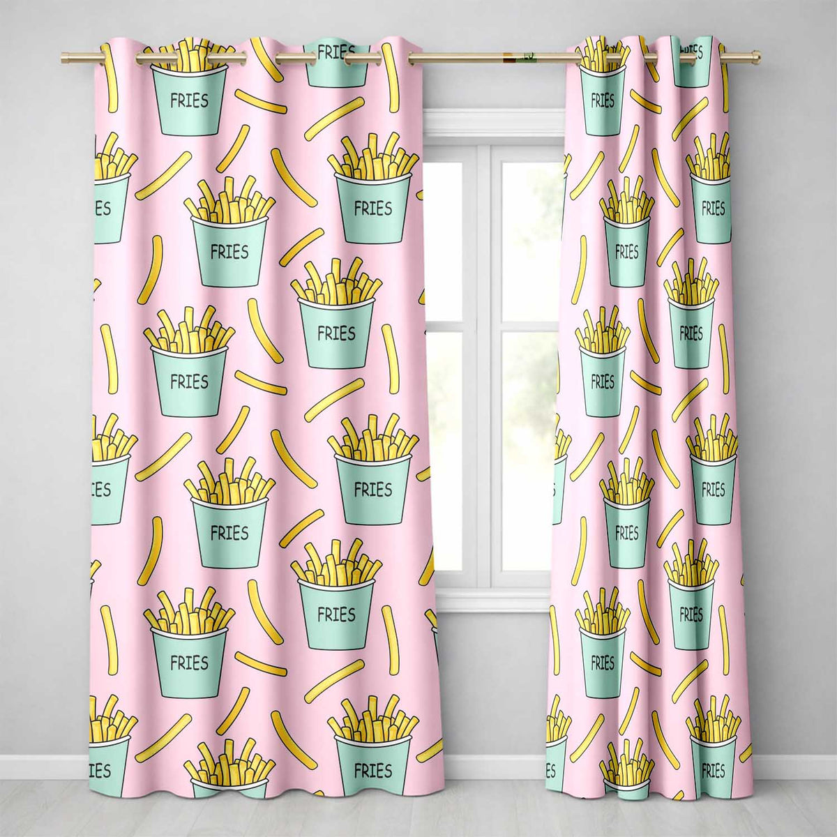 Cute French Fries Cartoon Snack Food Light Grey Background Seamless Pattern  Readymade Eyelet Ring Top Thermal 100% Blackout Curtains