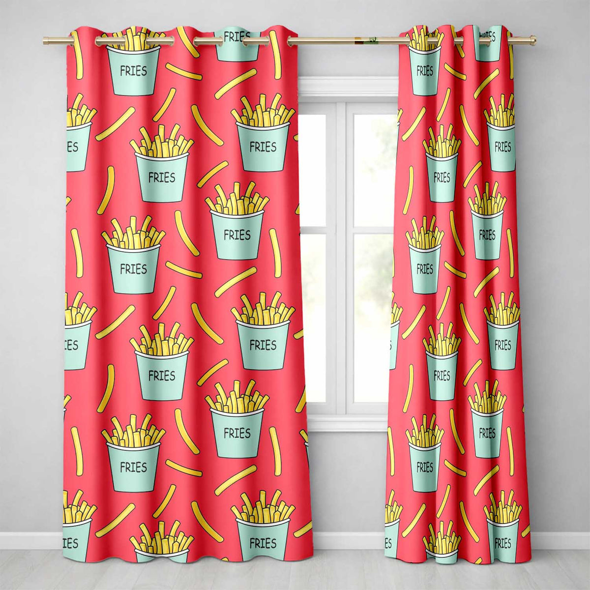 Cute French Fries Cartoon Snack Seamless Pattern Teal Cups Red Background  Readymade Eyelet Ring Top Thermal 100% Blackout Curtains