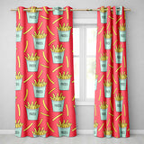 Cute French Fries Cartoon Snack Seamless Pattern Teal Cups Red Background  Readymade Eyelet Ring Top Thermal 100% Blackout Curtains